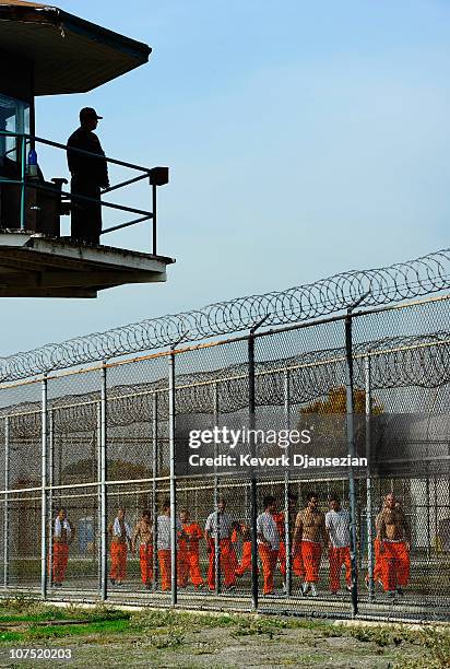 California Department of Corrections officer looks on as inmates at Chino State Prison exercise in the yard December 10, 2010 in Chino, California....