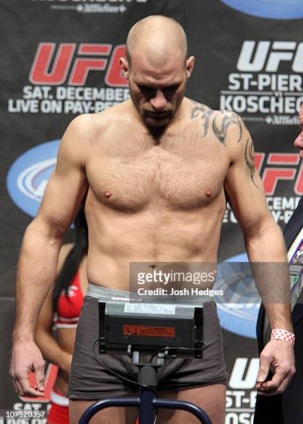 Joe Doerksen weighs in at 185.5 lbs at the UFC 124 Weigh-in at the Bell Centre on December 10, 2010 in Montreal, Quebec, Canada.
