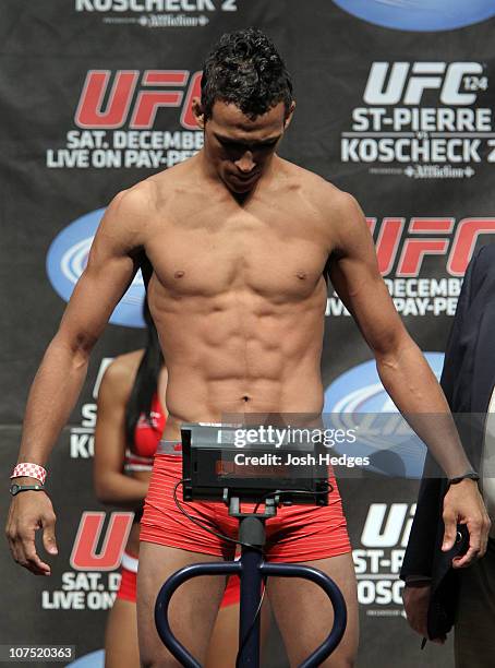 Charles Oliveira weighs in at 153.5 lbs at the UFC 124 Weigh-in at the Bell Centre on December 10, 2010 in Montreal, Quebec, Canada.