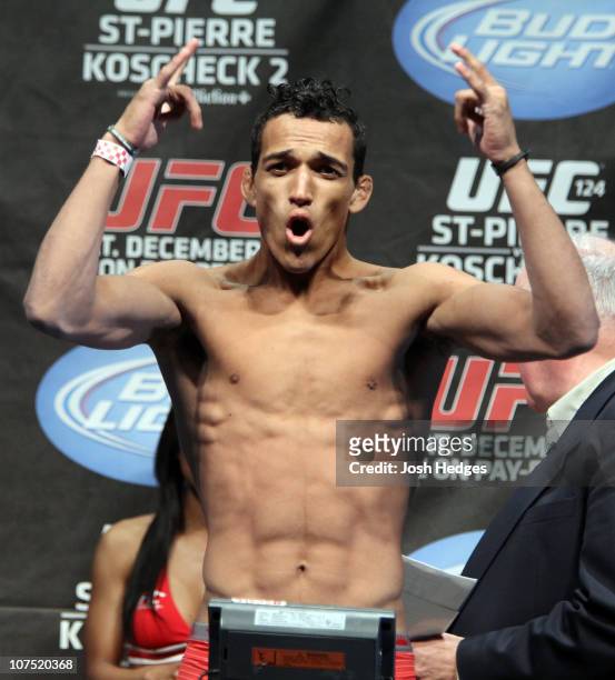 Charles Oliveira weighs in at 153.5 lbs at the UFC 124 Weigh-in at the Bell Centre on December 10, 2010 in Montreal, Quebec, Canada.