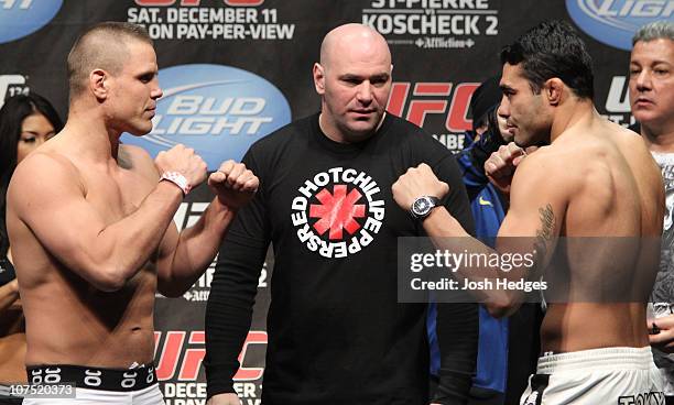 Middleweight opponents Jesse Bongfeldt and Rafael Natal face off as UFC President Dana White looks at the UFC 124 Weigh-in at the Bell Centre on...