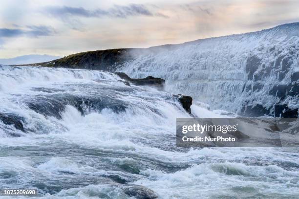 Arial view of the Gulfoss. The Gullfoss waterfall is seen in the canyon of the Hvita river in central southwest Iceland on December 14, 2018. The...