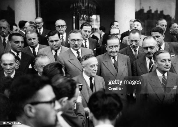 Picture taken on July 1950 at Paris, showing French government members surrounding the head of government Henri Queuille.