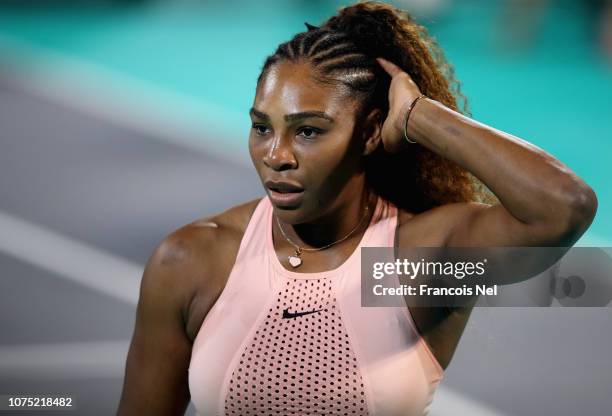 Serena Williams of United States reacts during her womens's singles match on day one of the Mubadala World Tennis Championship at International...