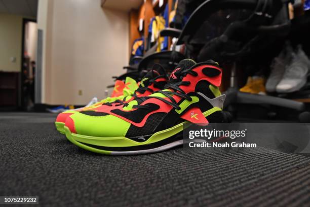 The sneakers of Klay Thompson of the Golden State Warriors in the locker room before the game against the Los Angeles Lakers on December 25, 2018 at...