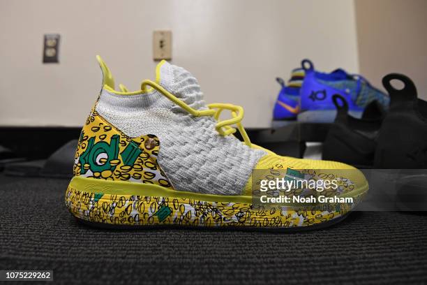 The sneakers of Kevin Durant of the Golden State Warriors in the locker room before the game against the Los Angeles Lakers on December 25, 2018 at...