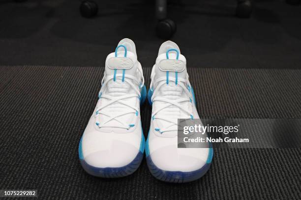 The sneakers of Stephen Curry of the Golden State Warriors in the locker room before the game against the Los Angeles Lakers on December 25, 2018 at...
