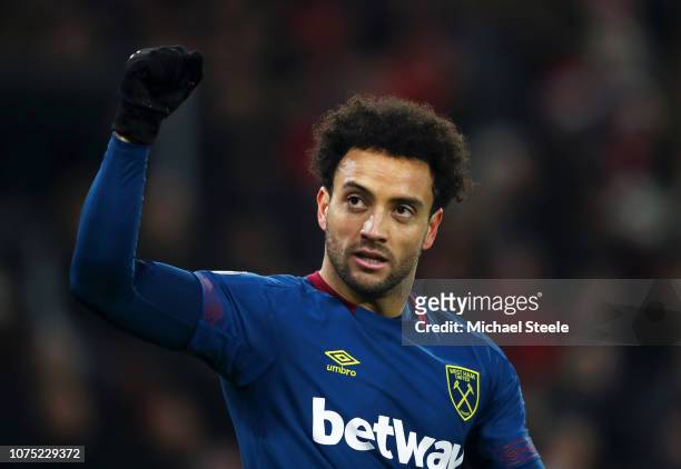 Felipe Anderson of West Ham United celebrates after he scores his sides second goal during the Premier League match between Southampton FC and West...