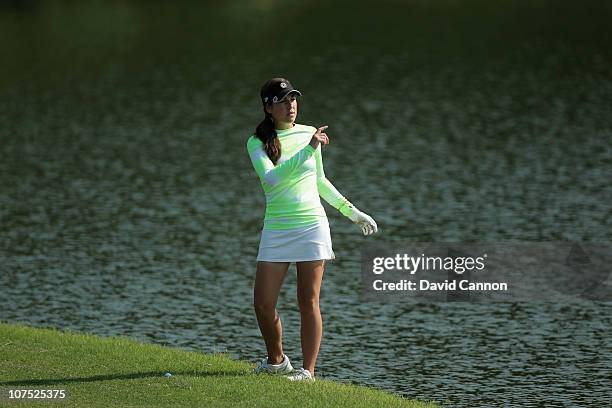 Carling Coffing of the USA who suffers from Diabetes the winner of the Golf Channel 'Big Break' show plays her second shot at the 1st hole during the...