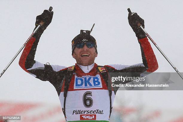 Simon Eder of Austria reacts after the mens 12,5 km pursuit event in the IBU Biathlon World Cup on December 11, 2010 in Hochfilzen, Austria.