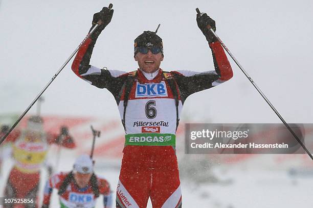 Simon Eder of Austria reacts after the mens 12,5 km pursuit event in the IBU Biathlon World Cup on December 11, 2010 in Hochfilzen, Austria.