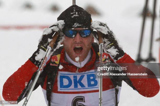 Simon Eder of Austria reacts after the mens 12,5 km pursuit event in the IBU Biathlon World Cup on December 11, 2010 in Hochfilzen, Austria.