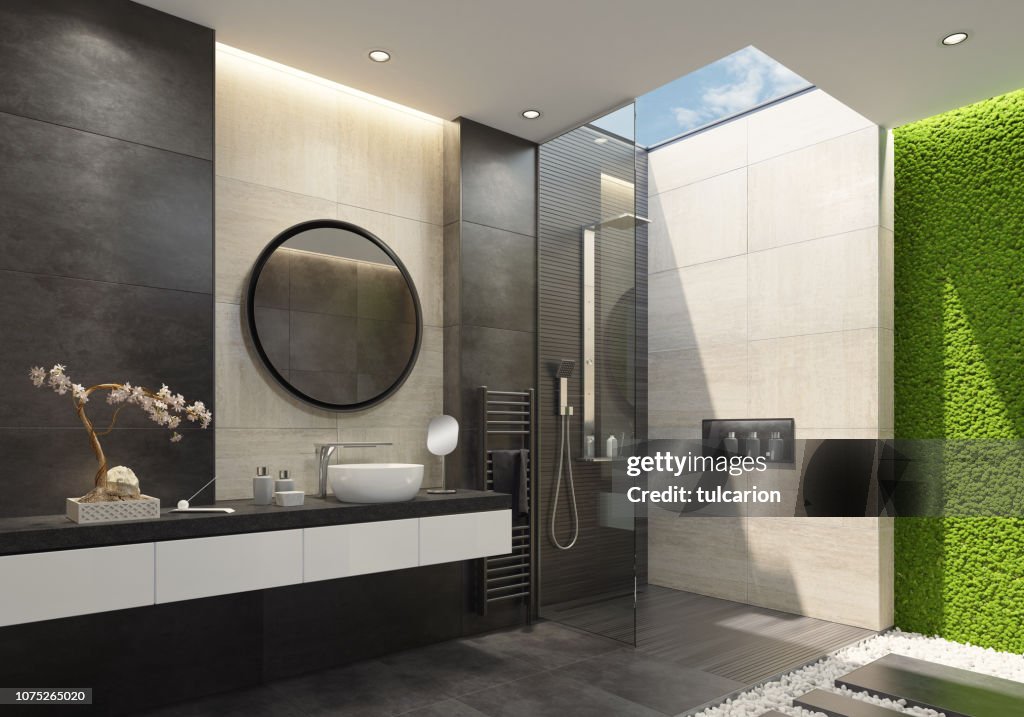 Luxury bathroom with innovative green moss wall and a skylight