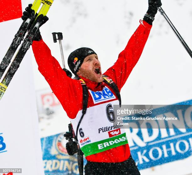 Simon Eder of Austria takes 2nd place during the IBU World Cup Biathlon men's 12.5 km Pursuit on December 11, 2010 in Hochfilzen, Austria.