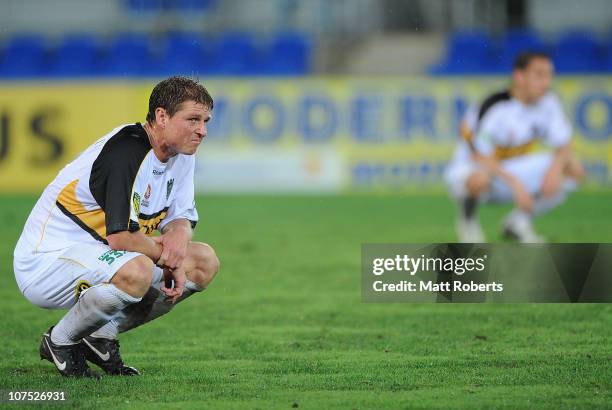 Ben Sigmund of the Phoenix looks dejected after the round 18 A-League match between Gold Coast United and the Wellington Phoenix at Skilled Park on...