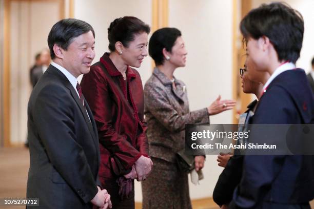 Crown Prince Naruhito, Crown Princess Masako and Princess Hisako of Takamado talk with winners during the 70th Prince Takamado Trophy All Japan...