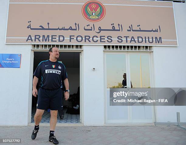 Inter coach Rafael Benitez looks on during the FC Internazionale Milano training session at the Army Training Ground on December 11, 2010 in Abu...