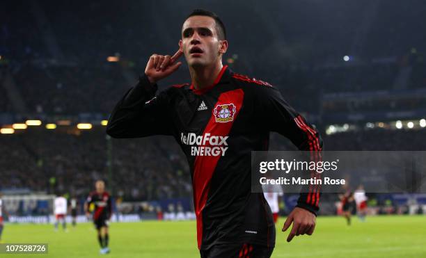 Renato Augusto of Leverkusen celebrates after scoring the 3rd goal during the Bundesliga match between Hamburger SV and Bayer Leverkusen at Imtech...