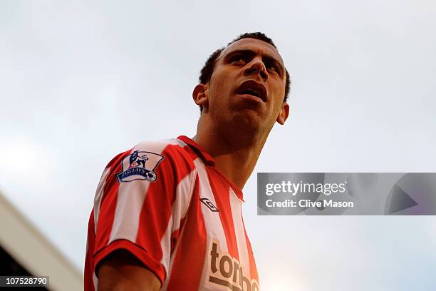 Anton Ferdinand of Sunderland looks on as he leaves the pitch injured during the Barclays Premier League match between Fulham and Sunderland at...