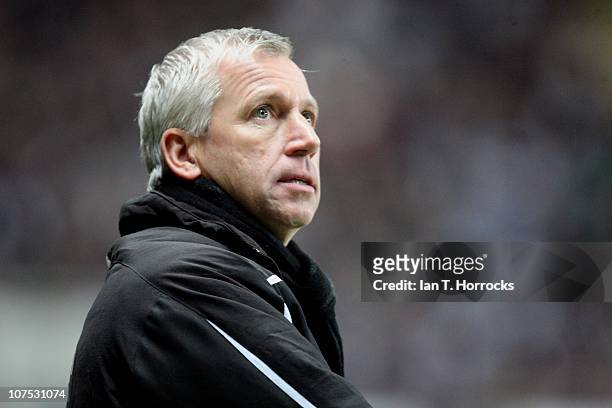 Newly appointed manager of Newcastle United, Alan Pardew looks during the Barclays Premier League match between Newcastle United and Liverpool at St...