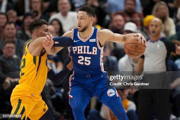 Thabo Sefolosha of the Utah Jazz tries to guard Ben Simmons of the Philadelphia 76ers during their game at the Vivint Smart Home Arena on December...