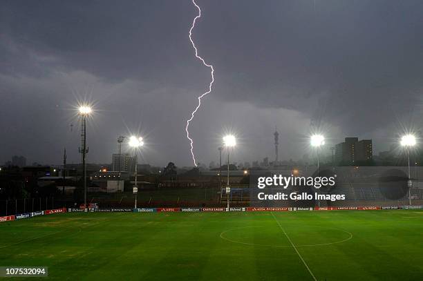 Lightning strikes during a heavy rain storm before the Absa Premiership football match between Bidvest Wits and AmaZulu at Bidvest Stadium on...