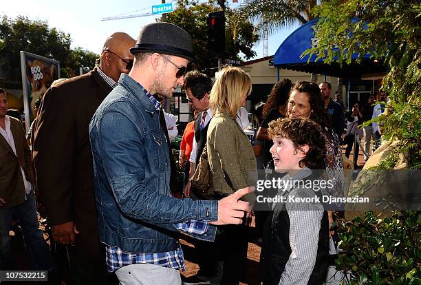 Actor/musician Justin Timberlake and actor Nolan Gould attend the premiere of Warner Bros. "Yogi Bear 3-D" at the Mann Village Theatre on December...