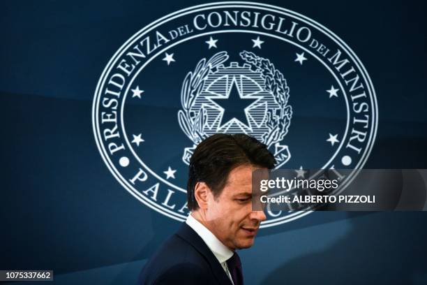 Italy's Prime Minister Giuseppe Conte arrives for the end-of-year press conference on December 28, 2018 in Rome.