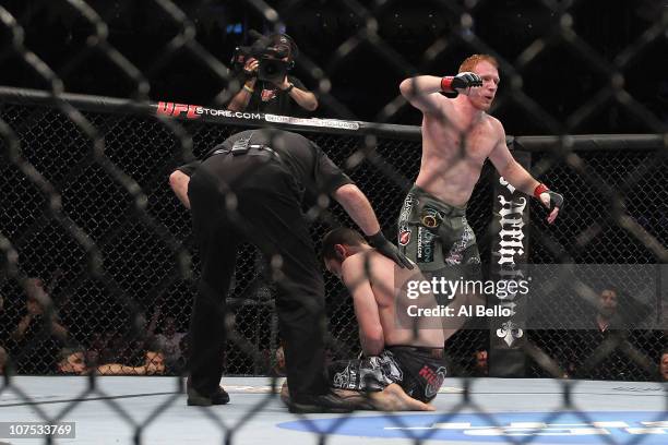 Mark Bocek celebrates after he won in the first round by tap out against Dustin Hazelett during their Lightweight bout during UFC 124 at the Centre...