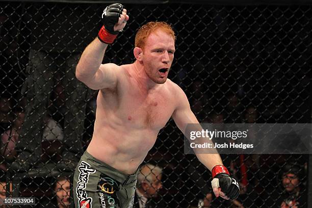 Mark Bocek reacts after he won his first in the first round by tap out against Dustin Hazelett during their Lightweight bout during UFC 124 at the...