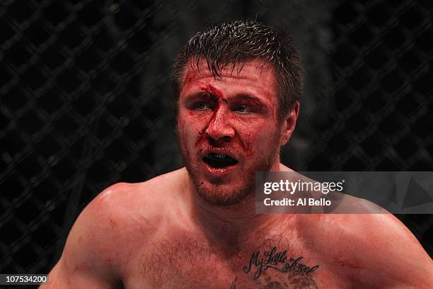 Dan Miller looks on after his fight against Joe Doerksen during their Middleweight bout during UFC 124 at the Centre Bell on December 11, 2010 in...