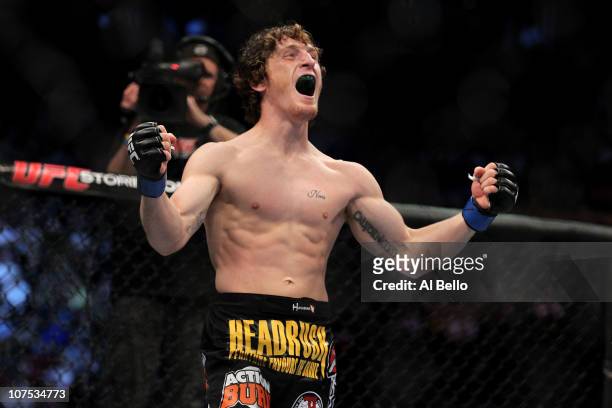 Mac Danzig reacts after he knocked out Joe Stevenson during their Lightweight bout during UFC 124 at the Centre Bell on December 11, 2010 in...