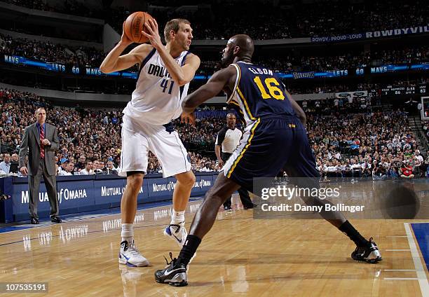 Dirk Nowitzki of the Dallas Mavericks looks to drive against Francisco Elson of the Utah Jazz during a game on December 11, 2010 at the American...