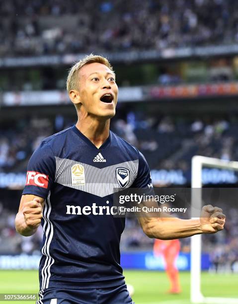 Keisuke Honda of the Victory celebrates scoring a goal during the Round 6 A-League match between Melbourne Victory and the Western Sydney Wanderers...