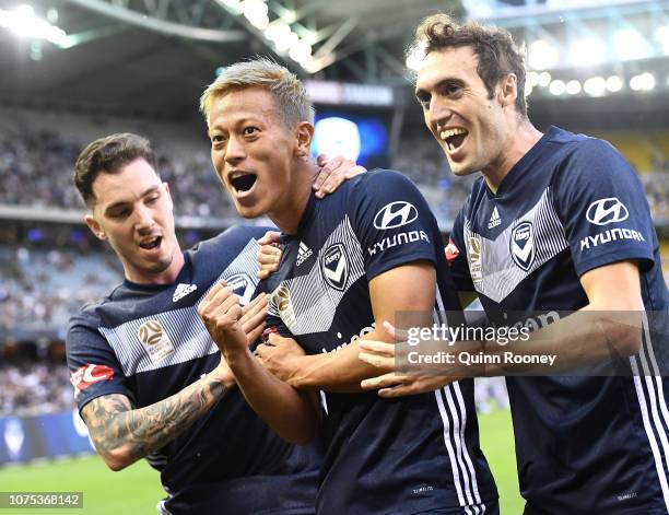 Keisuke Honda of the Victory celebrates scoring a goal during the Round 6 A-League match between Melbourne Victory and the Western Sydney Wanderers...