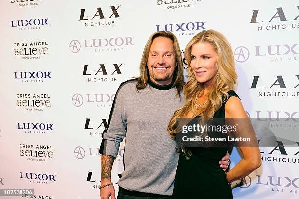 Singer Vince Neil and entertainment reporter Alicia Jacobs arrive for Criss Angel's birthday and 1000th 'Criss Angel BeLIEve' show at LAX Nightclub...