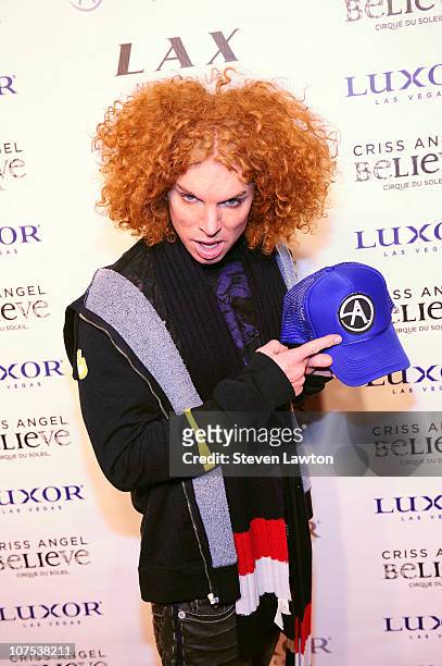 Comedian Carrot Top arrives for Criss Angel's birthday and 1000th 'Criss Angel BeLIEve' show at LAX Nightclub on December 11, 2010 in Las Vegas,...
