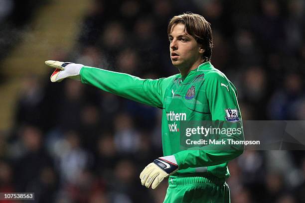 Tim Krul of Newcastle United gestures during the Barclays Premier League match between Newcastle United and Liverpool at St James' Park on December...