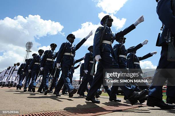 Kenya's Airforce personnel march during commemorations of Kenya's 47th Independence anniversary December 12, 2010 at the Nyayo national stadium in...