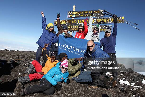 Members of the Laureus Sport for Good Foundation - Martina Navratilova Mt. Kilimanjaro Climb pose for a photograph at Uhuru peak on day six of the...