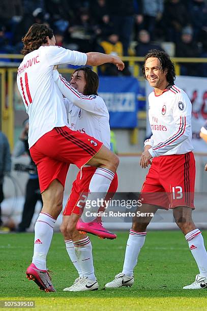 Zlatan Ibrahimovic of Milan celebrates with Andrea Pirlo and Alessandro Nesta after scoring a goal during the Serie A match between Bologna and AC...