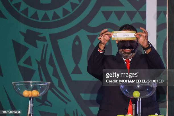 Magdi Abdelghani, former footballer and member of the Egyptian Football Federation, shows the results during the draw of the Confederation of African...