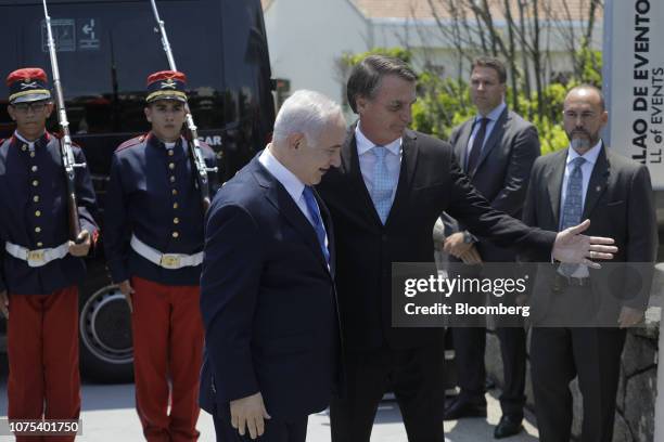 Jair Bolsonaro, Brazil's president-elect, right, greets Benjamin Netanyahu, Israel's prime minister, at Fort Copacabana in Rio de Janeiro, Brazil, on...