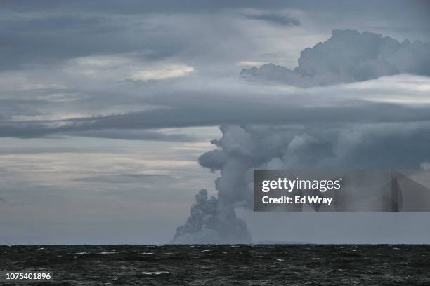 The Anak Krakatau volcano erupts in a massive cloud of hot gasses and ash on December 28, 2018 off the coast of Banten, Indonesia. Flights have been...