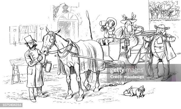 drinking beer before a horse-drawn trip does not promise anything good - 1896 - drinking beer white background stock illustrations