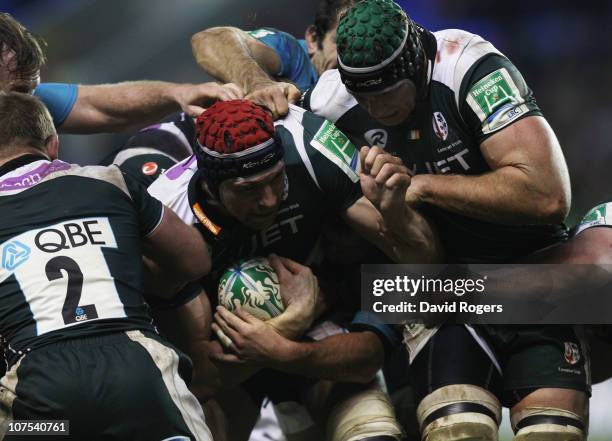 Nick Kennedy of London Irish holds onto the ball during the Heineken Cup Pool 3 match between London Irish and Toulon at Madejski Stadium on December...