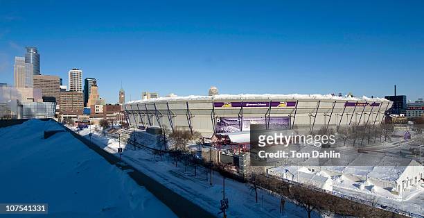 Snow surrounds the Hubert H. Humphrey Metrodome, Mall of America Stadium where the inflatable roof collapsed under the weight of snow during a storm...