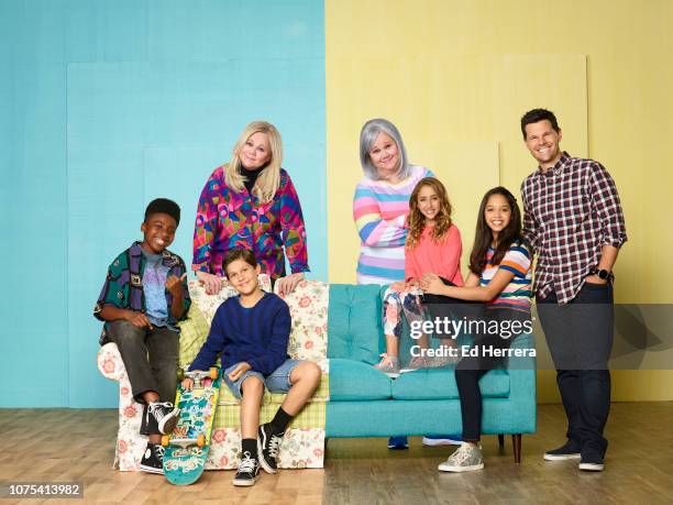 Disney Channel's "Sydney to the Max" stars Christian J. Simon as Leo, Jackson Dollinger as young Max Reynolds, Caroline Rhea as Mom and Grandma Judy,...