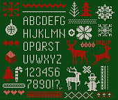Set of knitted font, elements and borders for Christmas, New Year or winter design. Ugly sweater style. Sweater ornaments for scandinavian pattern. Vector illustration. Isolated on green background.