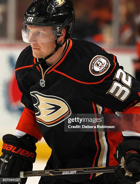 Toni Lydman of the Anaheim Ducks skates on the ice during warm ups prior to the game against the Calgary Flames at the Honda Center on December 10,...